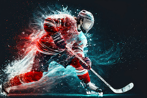 winter sports athlete scoring goal against ice hockey, generative ai